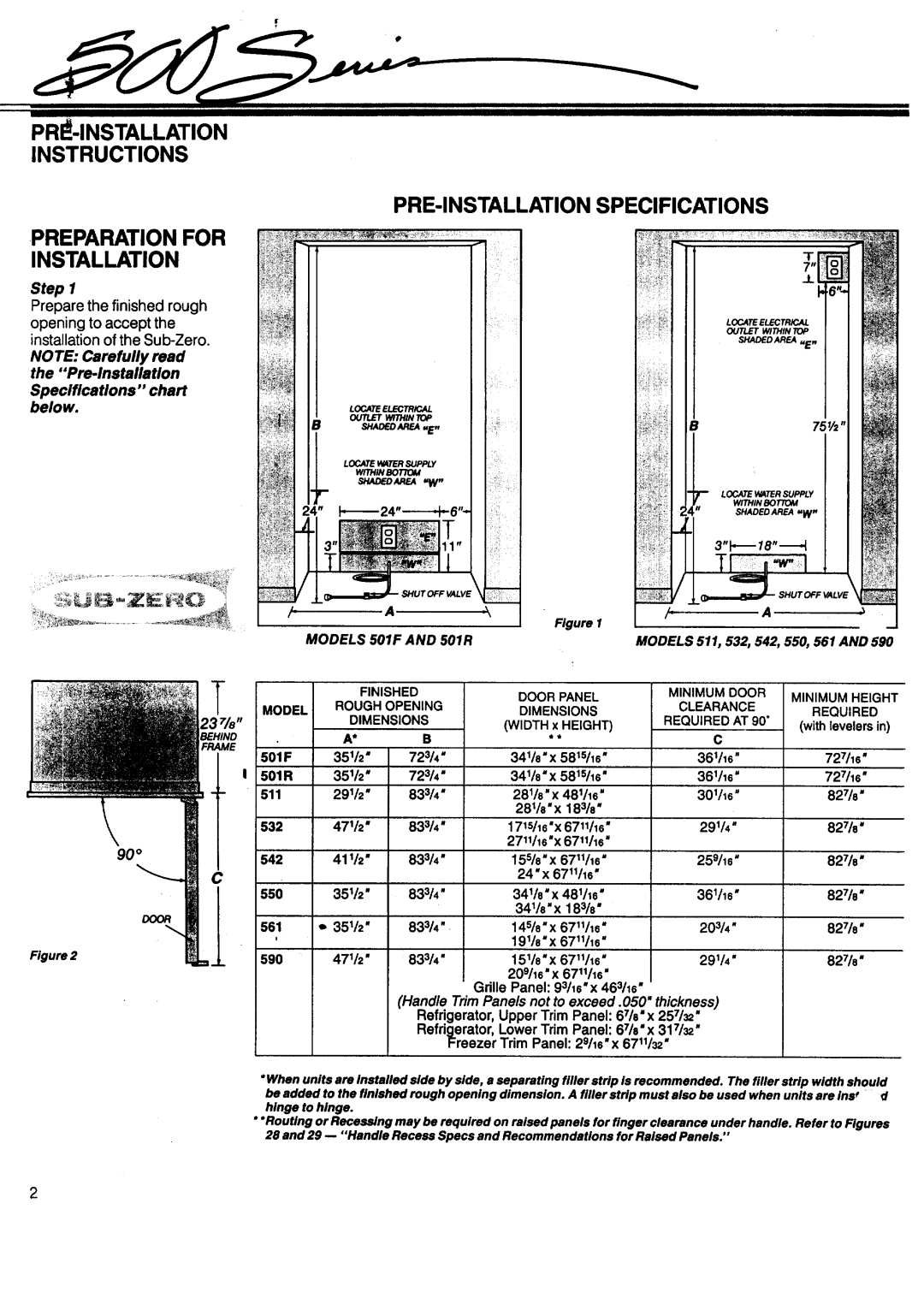 Sub-Zero 542 manual PRE-INSTALLATION Specifications, Step, Specifications chart below 