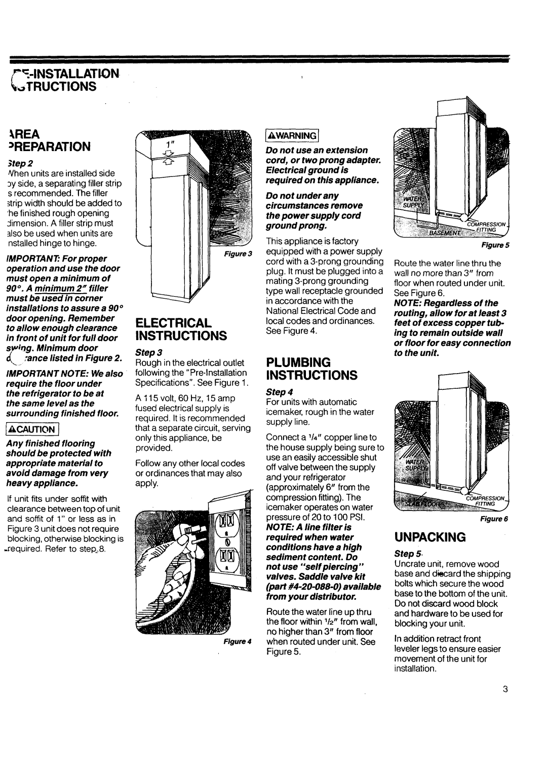 Sub-Zero 542 manual Tructions, Electrical Instructions, Plumbing Instructions, Unpacking 