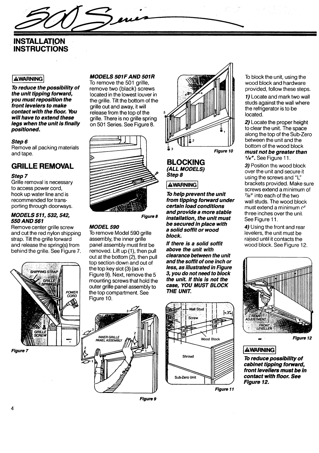 Sub-Zero 542 manual Installation Instructions, Grille Removal, Blocking, Models 501F and 501R 