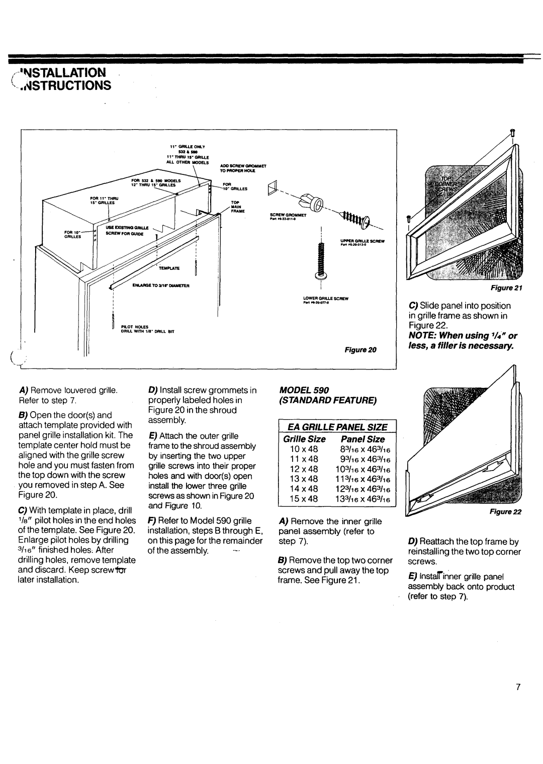 Sub-Zero 542 manual Model 590 Standard Feature EA Grille Panel Size, Grille Size Panel Size 