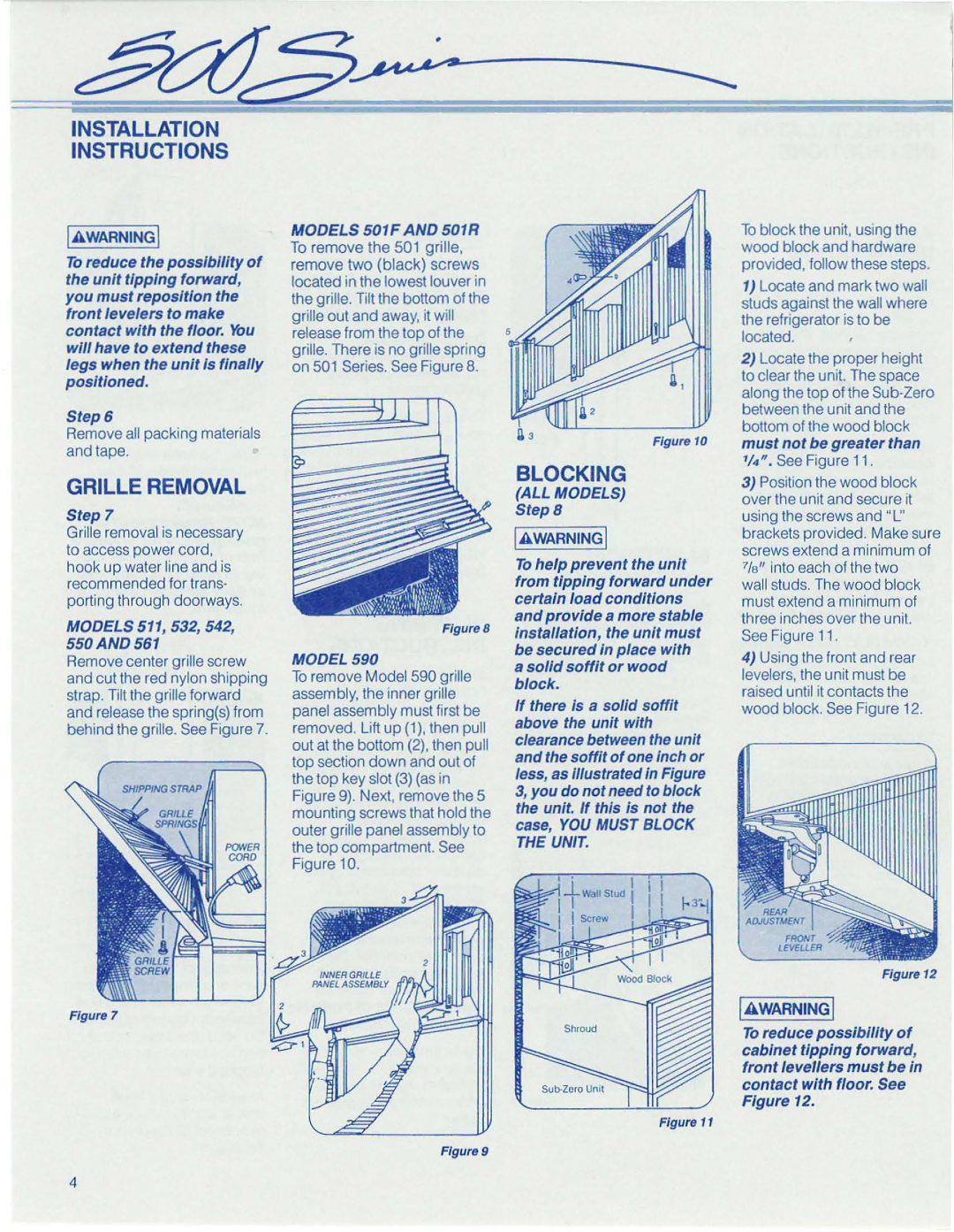 Sub-Zero 542, 590, 511, 532, 561 Installation Instructions, Grille Removal, Blocking, Models 501 F and 501 R, ALL Models Step 