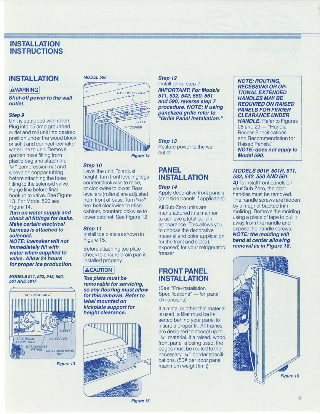 Sub-Zero 590, 561 Panel Installation, Shut-off power to the wall outlet Step, Models 501F, 501R, 511, 532, 542, 550 