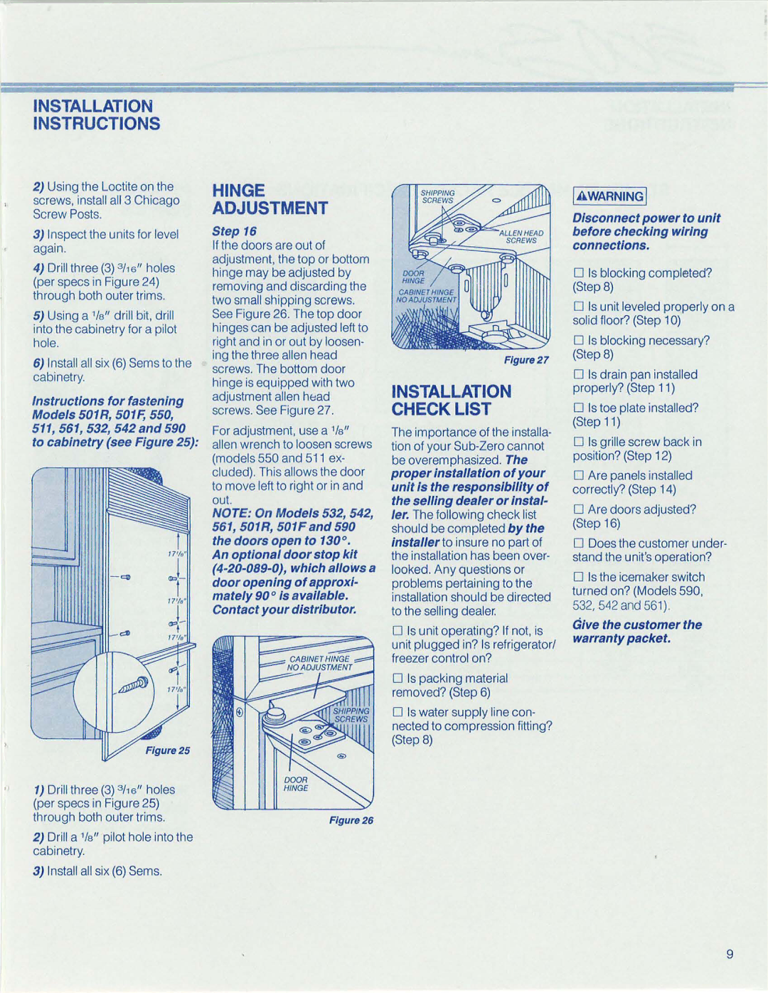 Sub-Zero 561, 590, 511, 532, 542, 550 manual Hinge Adjustment, Installation Checklist 