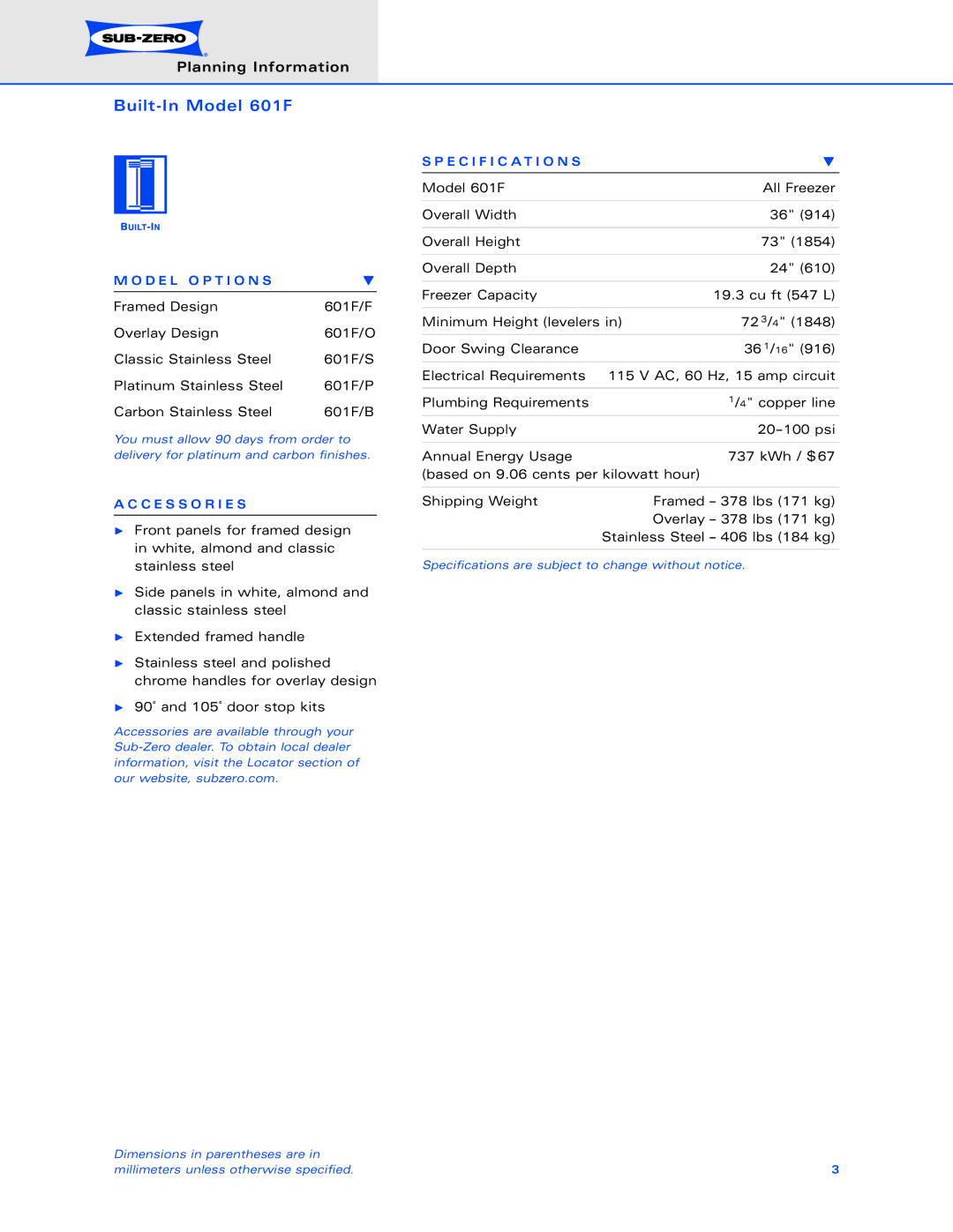 Sub-Zero 601F dimensions D E L O P T I O N S, C E S S O R I E S, Specification S 