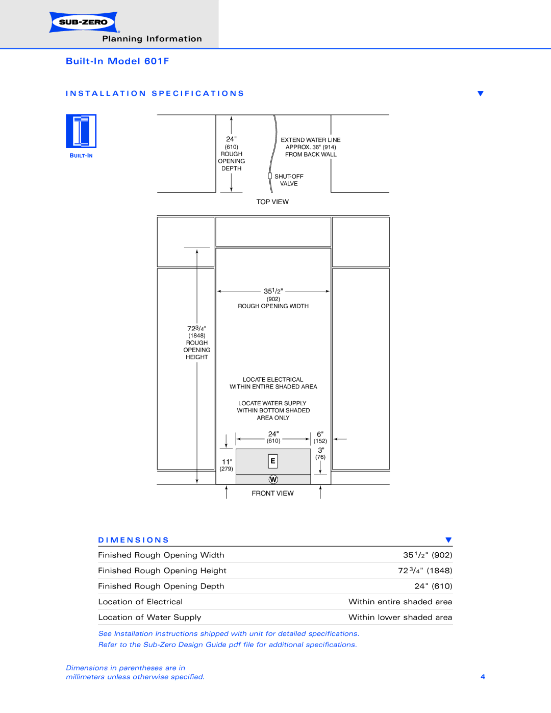 Sub-Zero 601F dimensions Installation Specification S, M E N S I O N S 