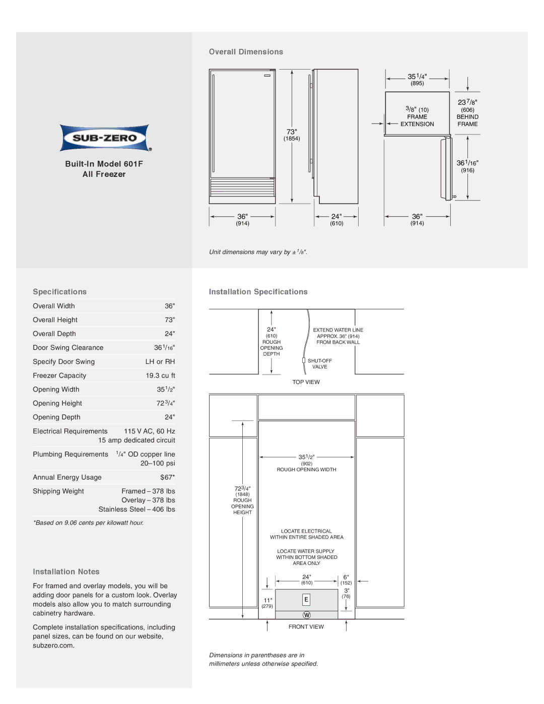 Sub-Zero 601F/P, 601F/S, 601F/B, 601F/O manual Overall Dimensions, Installation Notes, Installation Specifications 