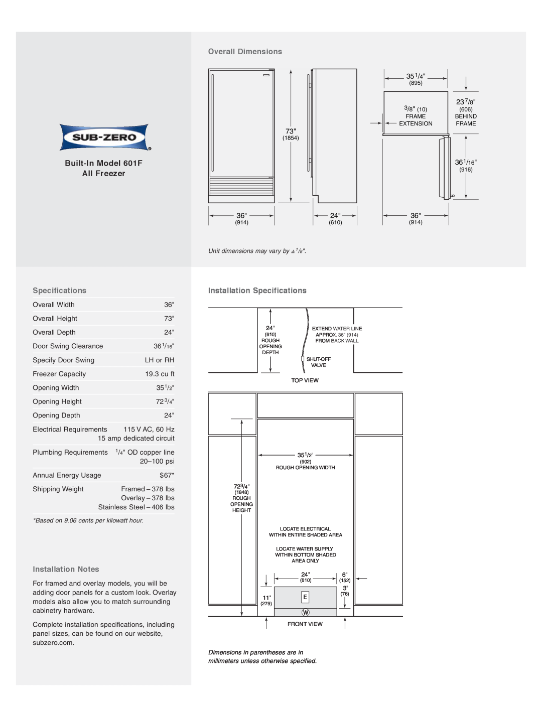 Sub-Zero 601F/P Overall Dimensions, Installation Notes, Installation Specifications, Built-In Model 601F All Freezer 