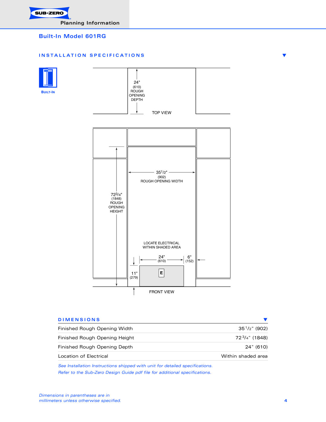 Sub-Zero 601RG dimensions Installation Specification S, M E N S I O N S 