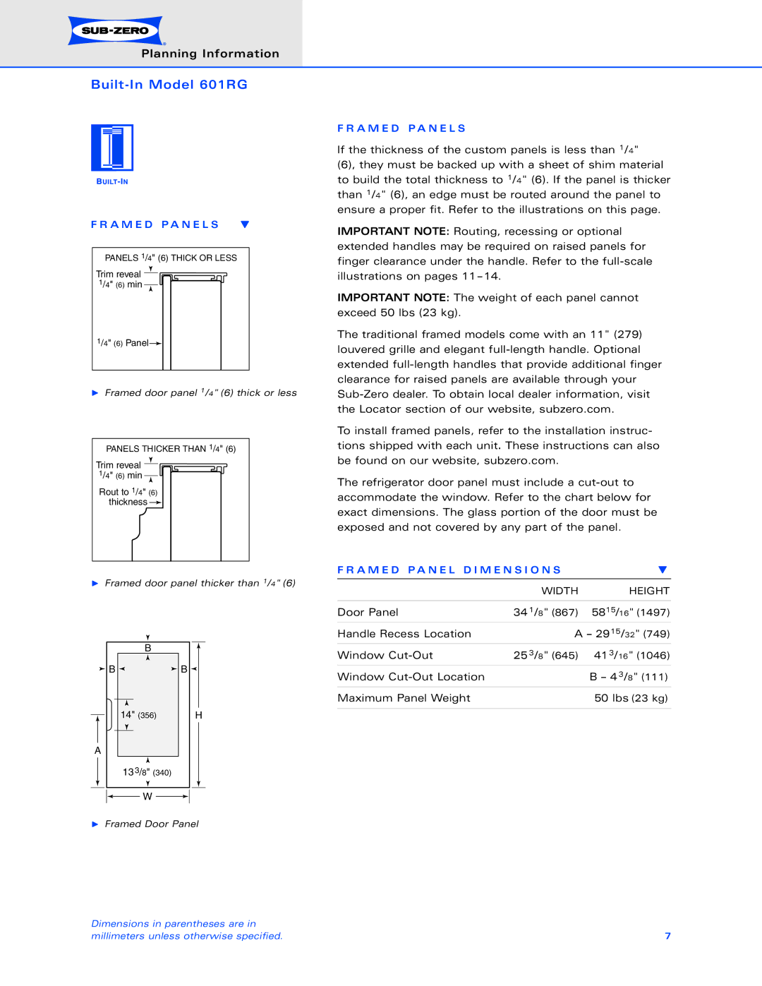 Sub-Zero 601RG dimensions A M E D P a N E L S, A M E D P a N E L D I M E N S I O N S 