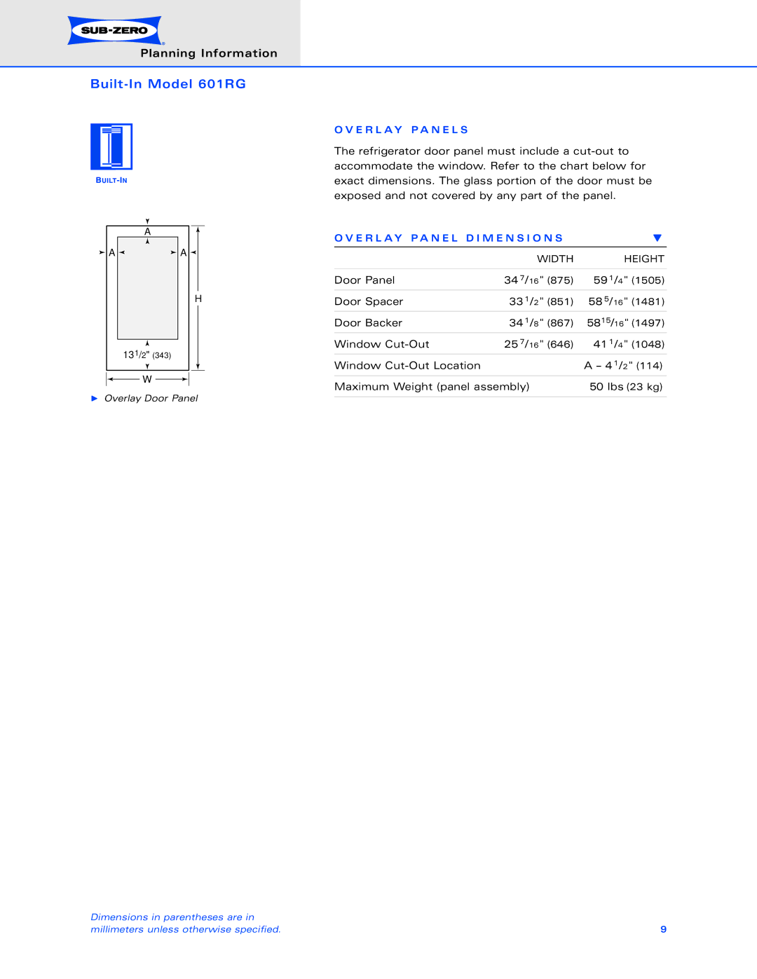 Sub-Zero 601RG dimensions E R L AY P a N E L D I M E N S I O N S 
