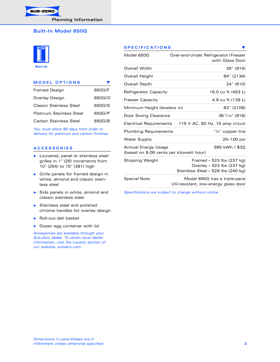 Sub-Zero 650G dimensions D E L O P T I O N S, C E S S O R I E S, Specification S 