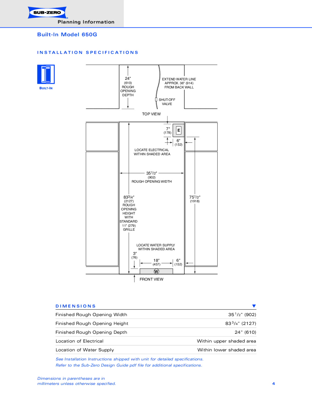 Sub-Zero 650G dimensions Installation Specification S, M E N S I O N S 