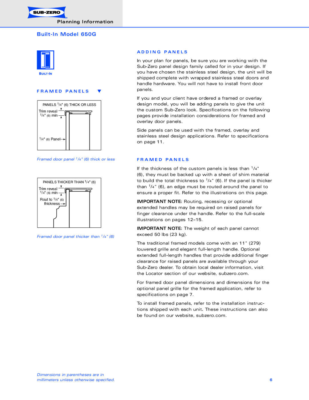 Sub-Zero 650G dimensions A M E D P a N E L S, D I N G P a N E L S 