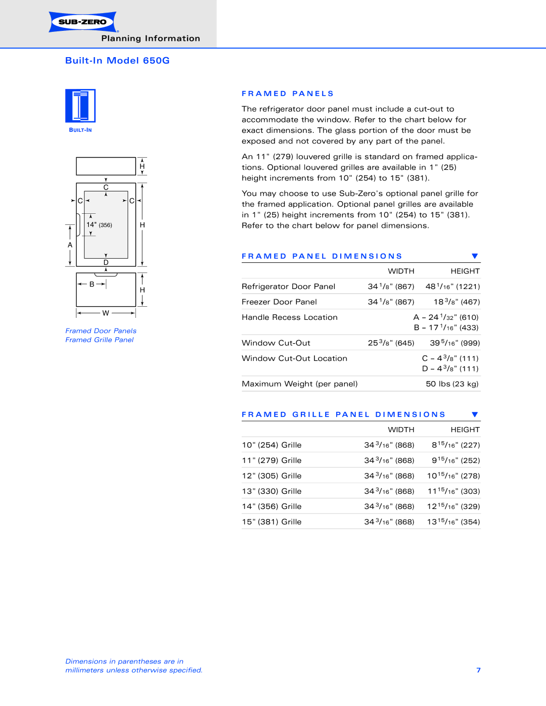 Sub-Zero 650G dimensions A M E D P a N E L D I M E N S I O N S, A M E D G R I L L E P a N E L D I M E N S I O N S 