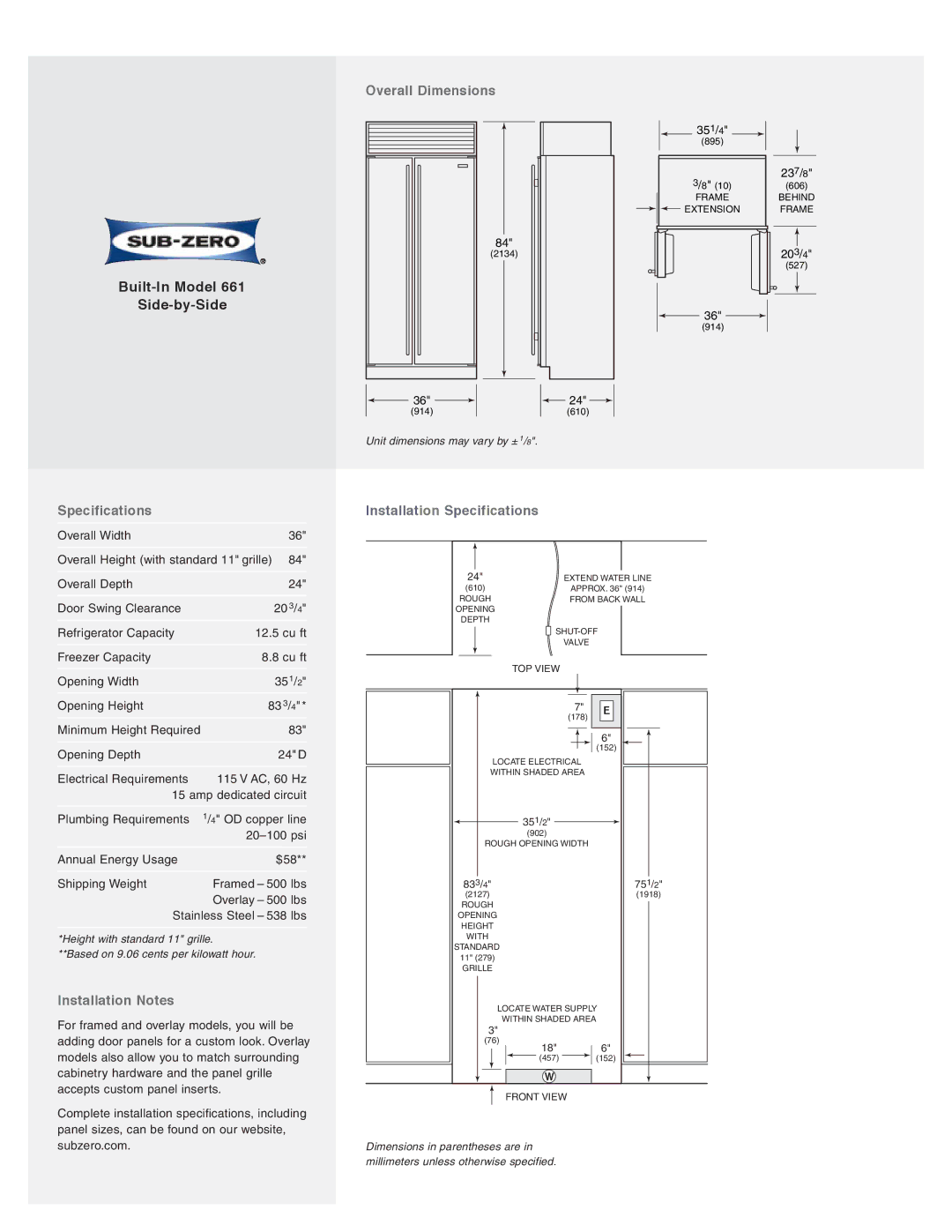 Sub-Zero 661/P, 661/O, 661/F, 661/B, 661/S manual Overall Dimensions, Installation Notes, Installation Specifications 