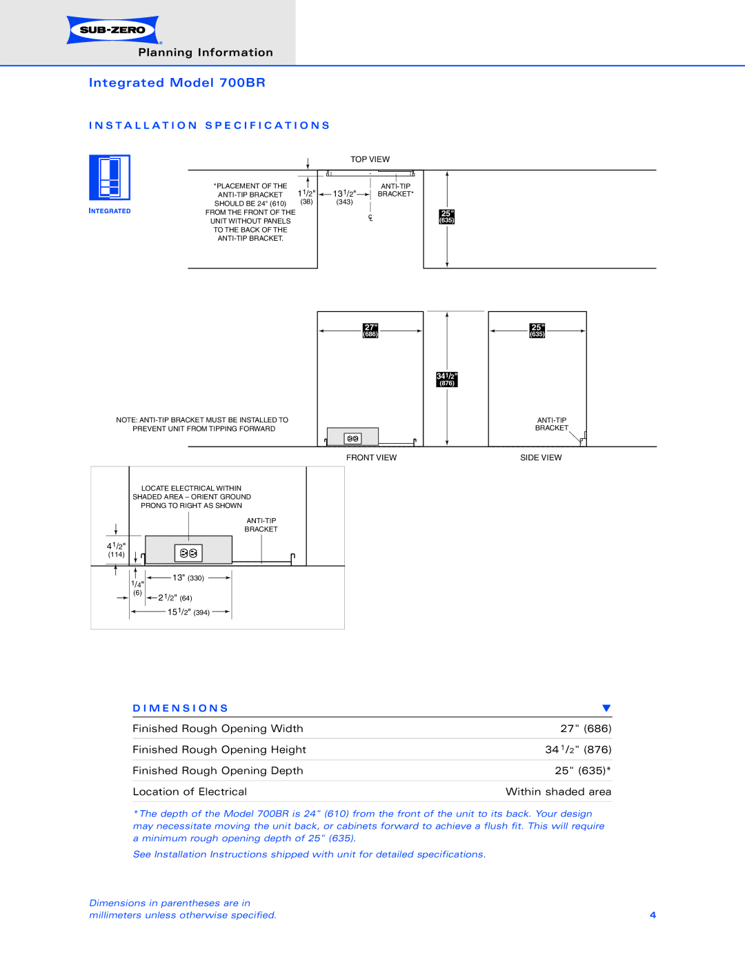 Sub-Zero 700BR dimensions Installation Specification S, M E N S I O N S 