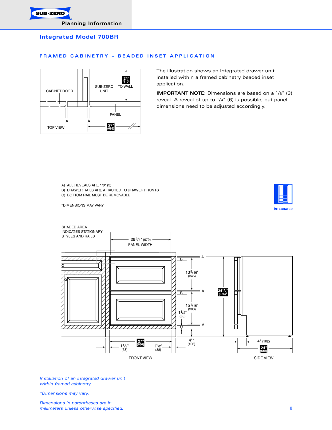 Sub-Zero 700BR dimensions 139/16 