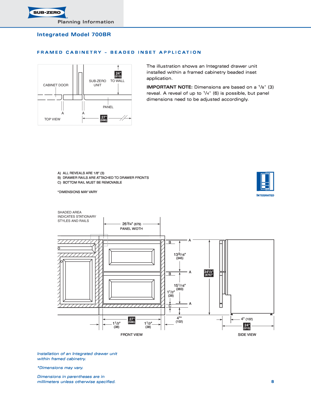 Sub-Zero dimensions Integrated Model 700BR, Planning Information, To Wall, 263/4, Panel Width 