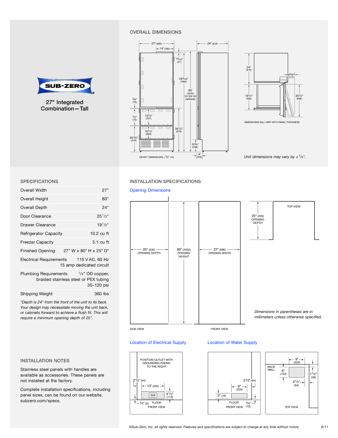 Sub-Zero 700TCI manual Overall Dimensions, Installation Specifications, Installation Notes 