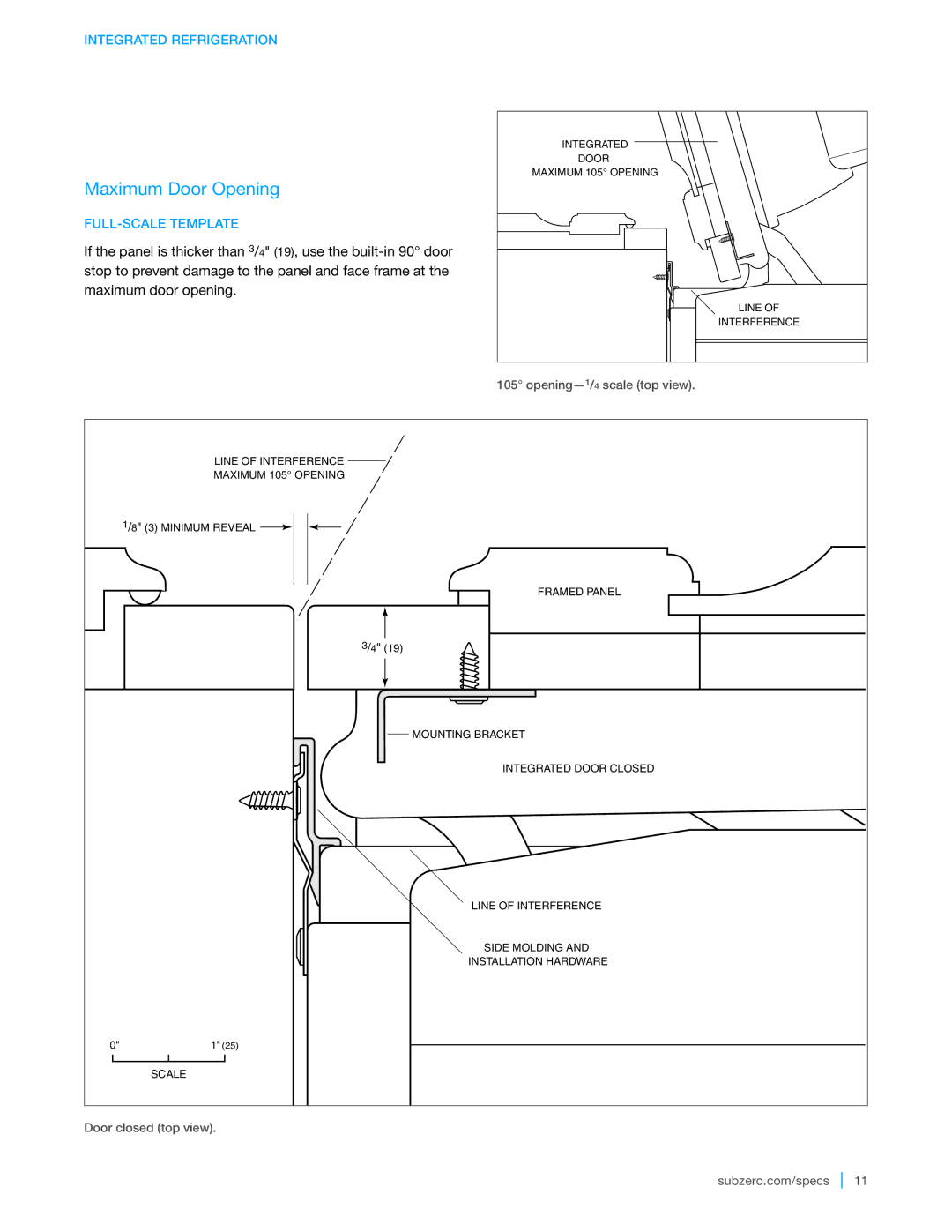 Sub-Zero 700TR, 700TFI manual Maximum Door Opening, FULL-SCALE Template, Opening- 1/ 4 scale top view, Door closed top view 