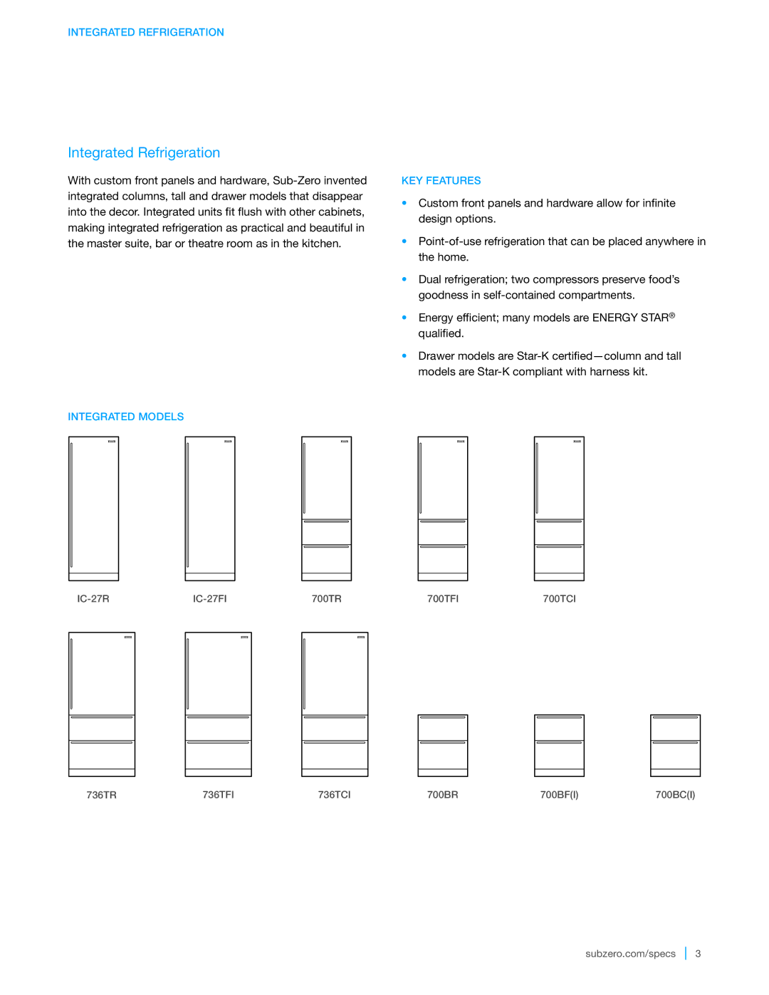 Sub-Zero 700TR, 700TFI manual Integrated Refrigeration, KEY Features, Integrated Models 