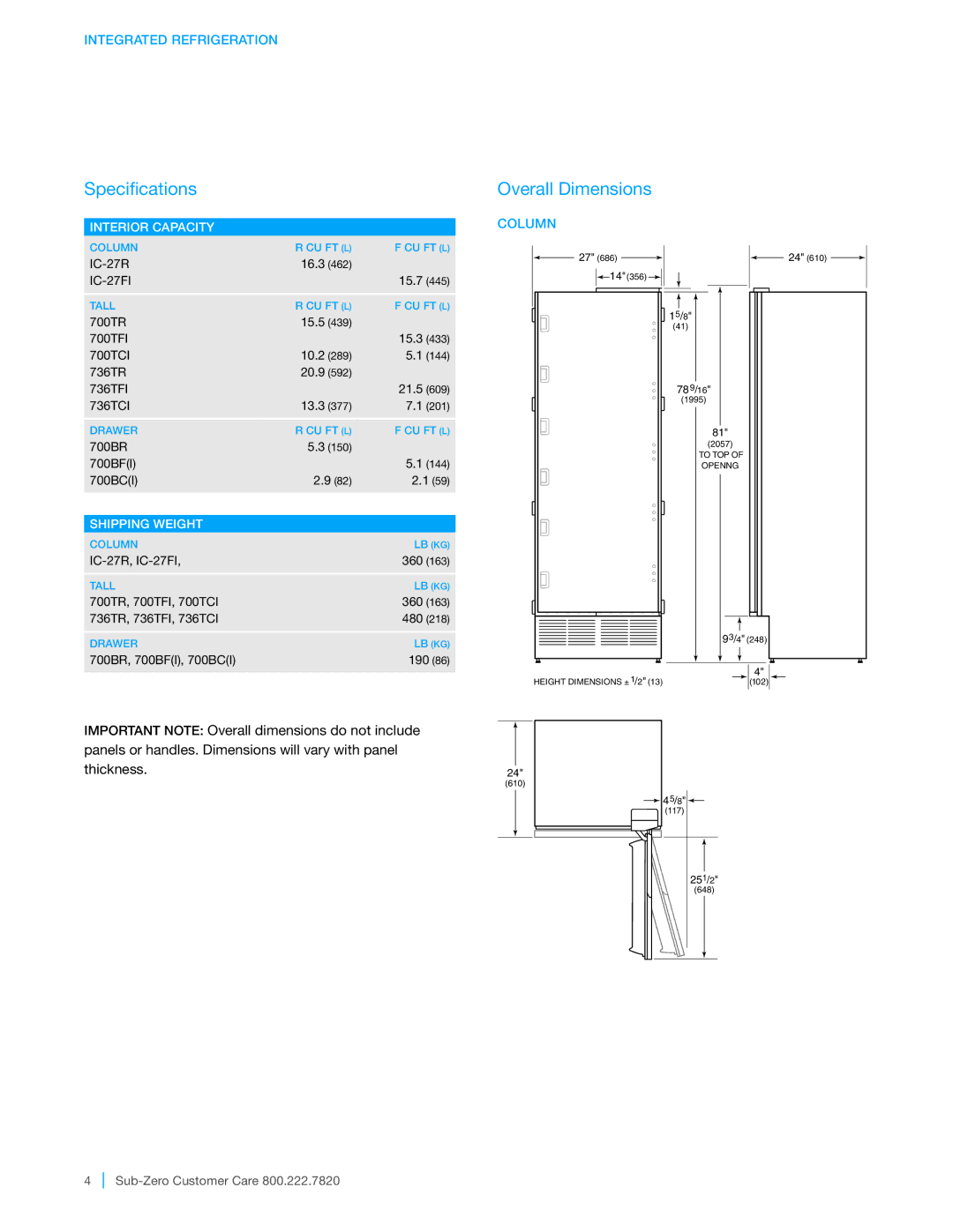 Sub-Zero 700TFI, 700TR manual Specifications, Overall Dimensions, Interior Capacity, Shipping Weight, Column 