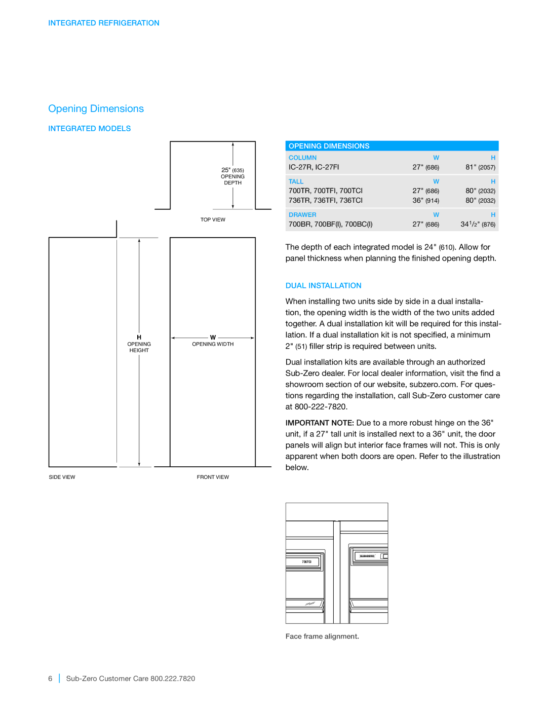 Sub-Zero 700TFI, 700TR manual Opening Dimensions, Dual Installation, Face frame alignment Sub-Zero Customer Care 