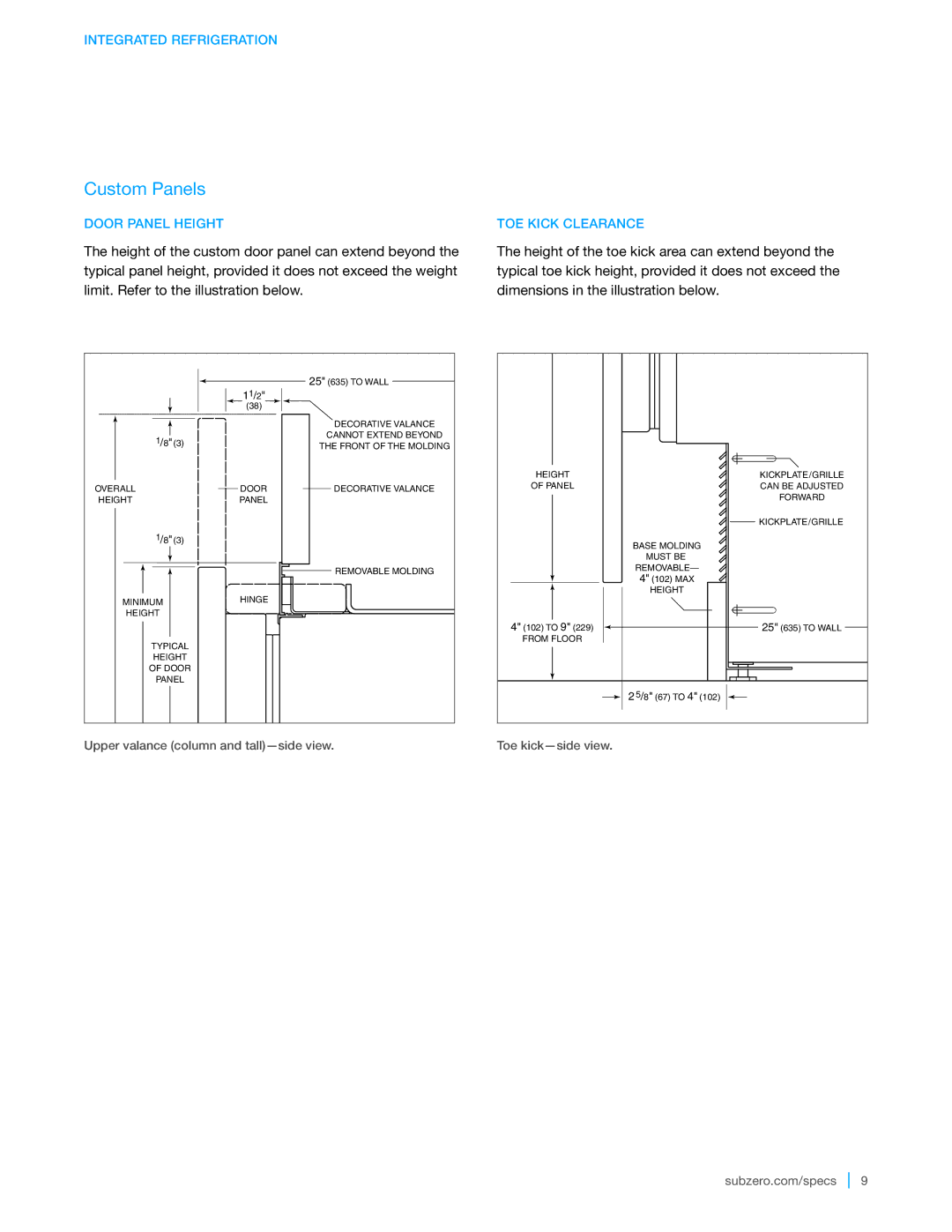 Sub-Zero 700TR, 700TFI Door Panel Height, TOE Kick Clearance, Upper valance column and tall-side view, Toe kick-side view 