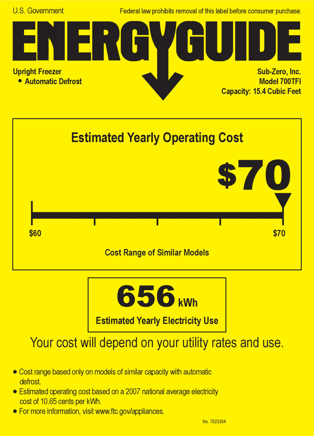 Sub-Zero 700TFI manual Estimated Yearly Electricity Use, 656kWh, Estimated Yearly Operating Cost, Upright Freezer 