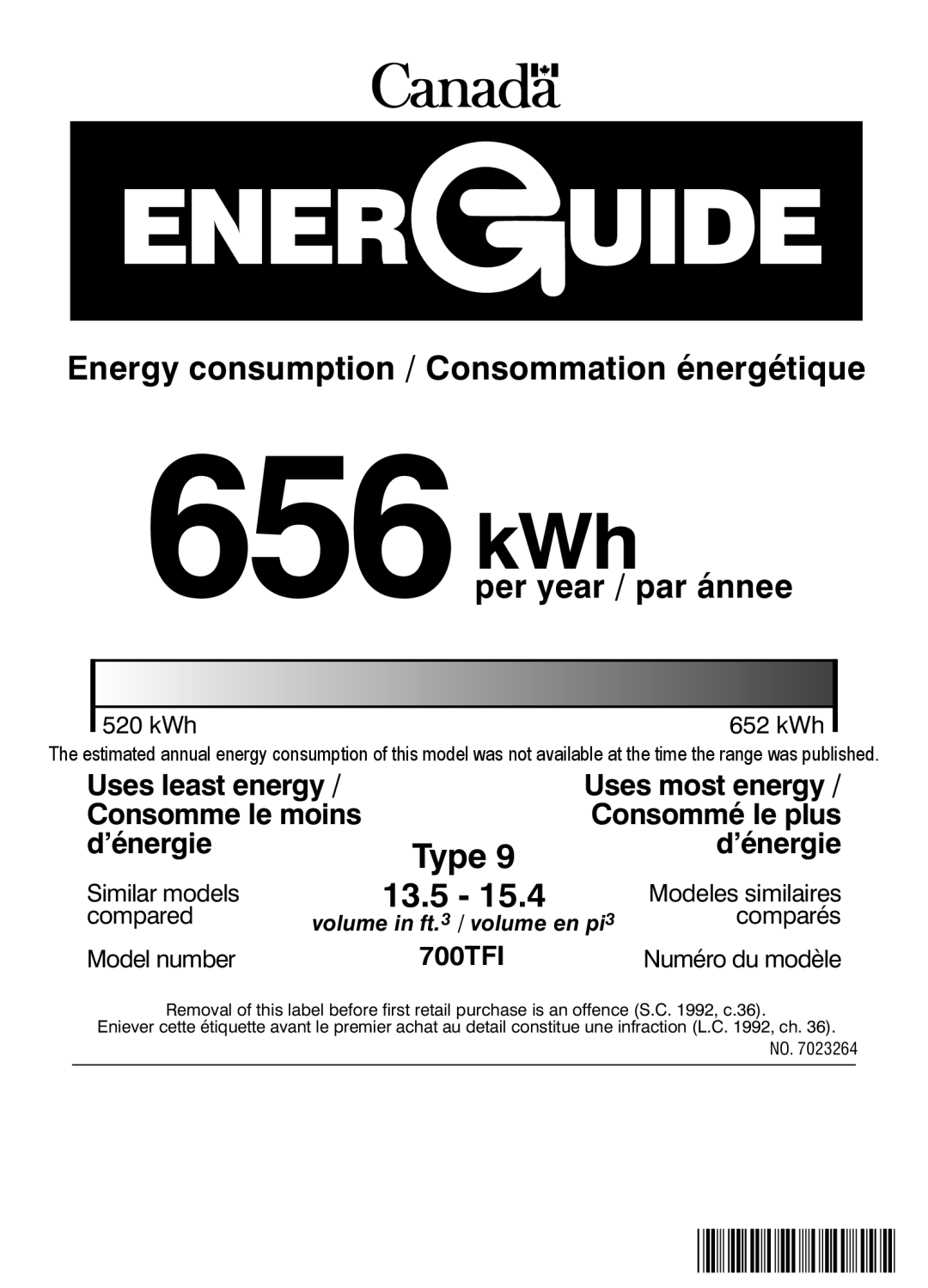 Sub-Zero 700TFI Uses least energy, Uses most energy, Consomme le moins, Consommé le plus, d’énergie, 656kWh, 13.5, Type 