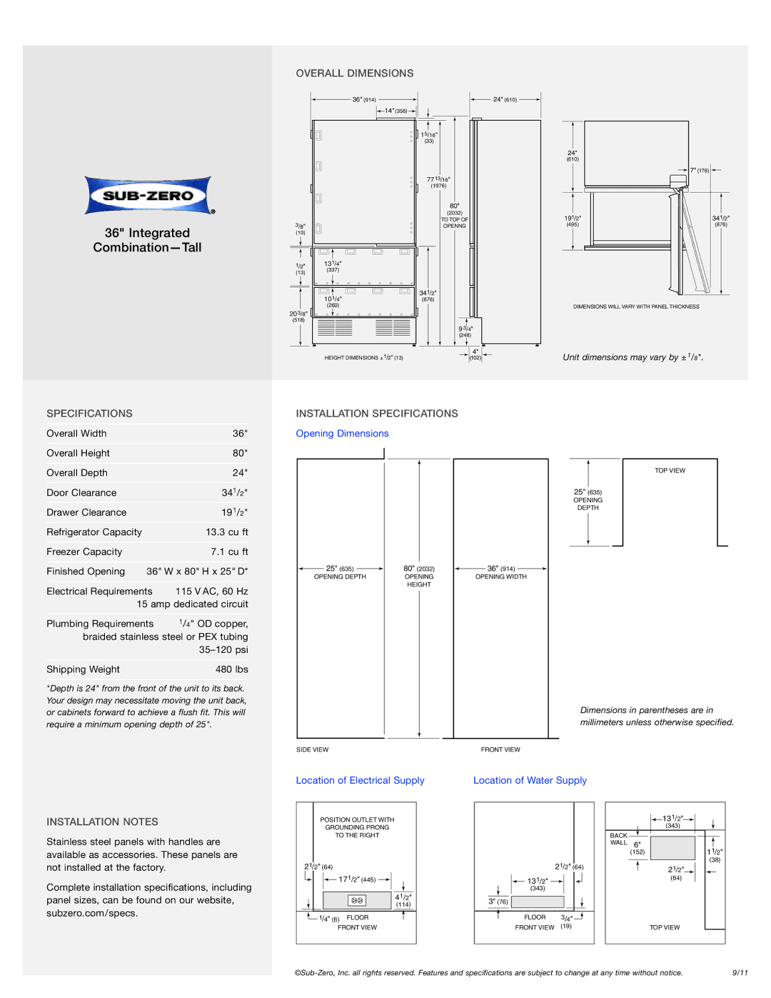 Sub-Zero 736TCI manual Overall Dimensions, Installation Specifications, Installation Notes 