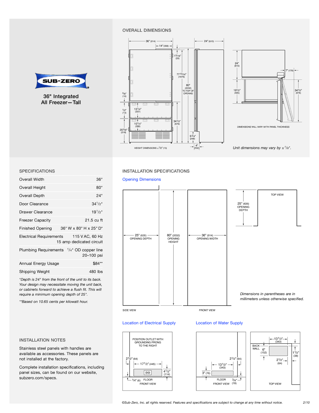 Sub-Zero 736TFI manual Overall Dimensions, Installation Specifications, Installation Notes 