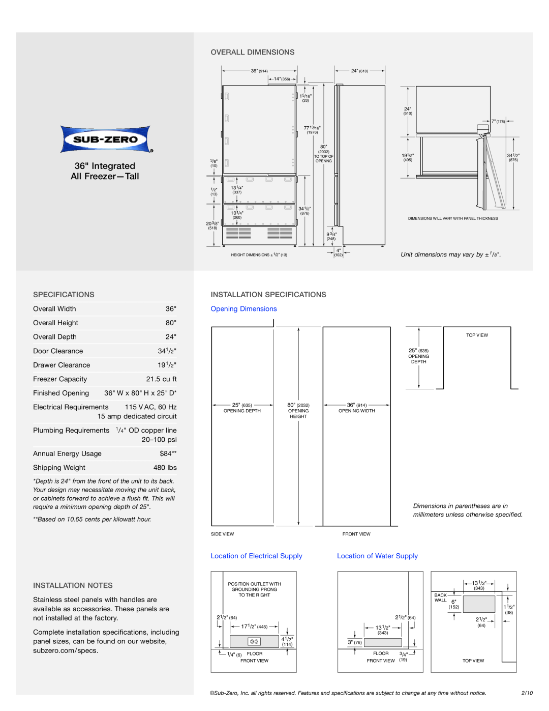 Sub-Zero 736TFI manual Overall Dimensions, Installation Specifications, Installation Notes, Integrated All Freezer-Tall 