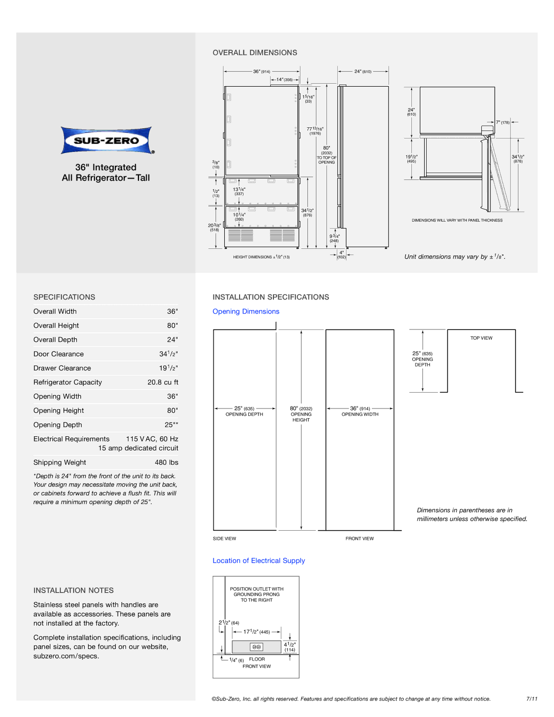 Sub-Zero 736TR manual Overall Dimensions, Installation Specifications, Installation Notes 