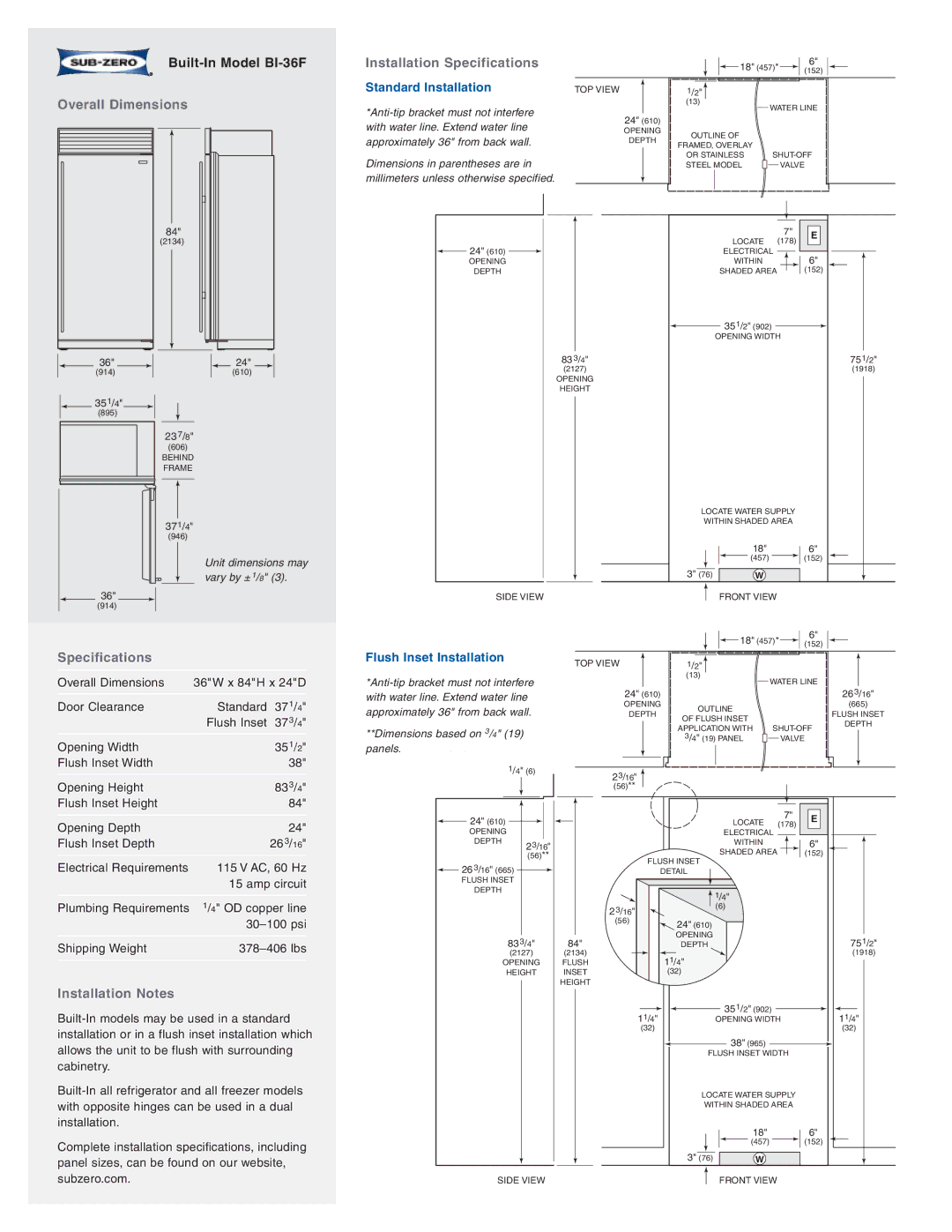 Sub-Zero BI-36F/F manual Overall Dimensions Installation Specifications, Standard Installation, Flush Inset Installation 