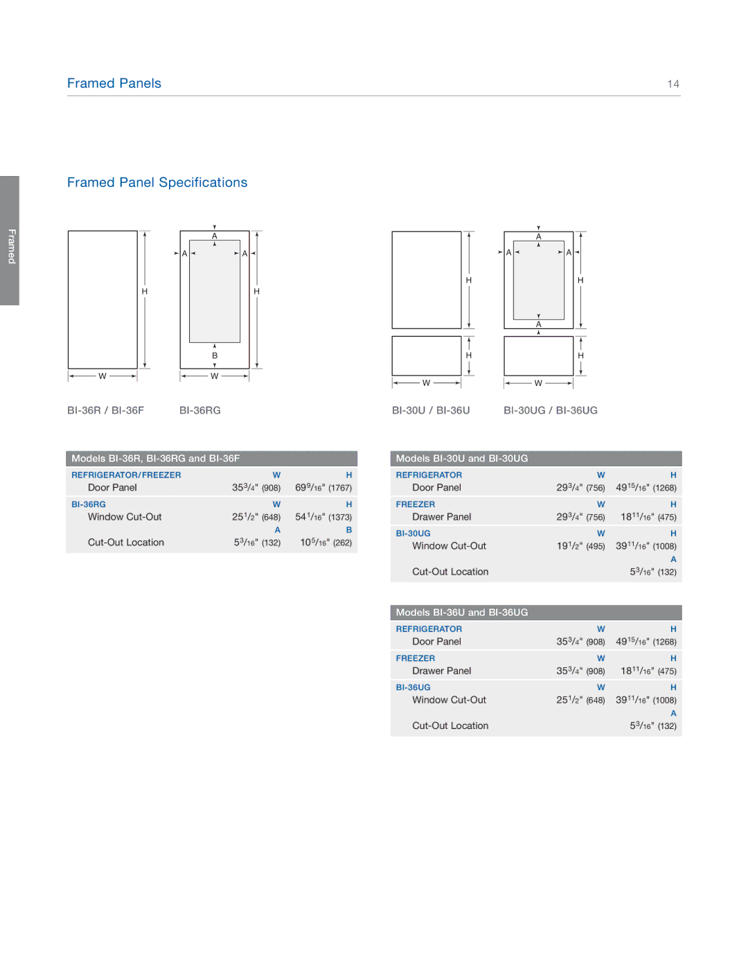 Sub-Zero BI-42S, BI-36U, BI-48S Framed Panel Specifications, Models BI-36R, BI-36RG and BI-36F, Models BI-30U and BI-30UG 