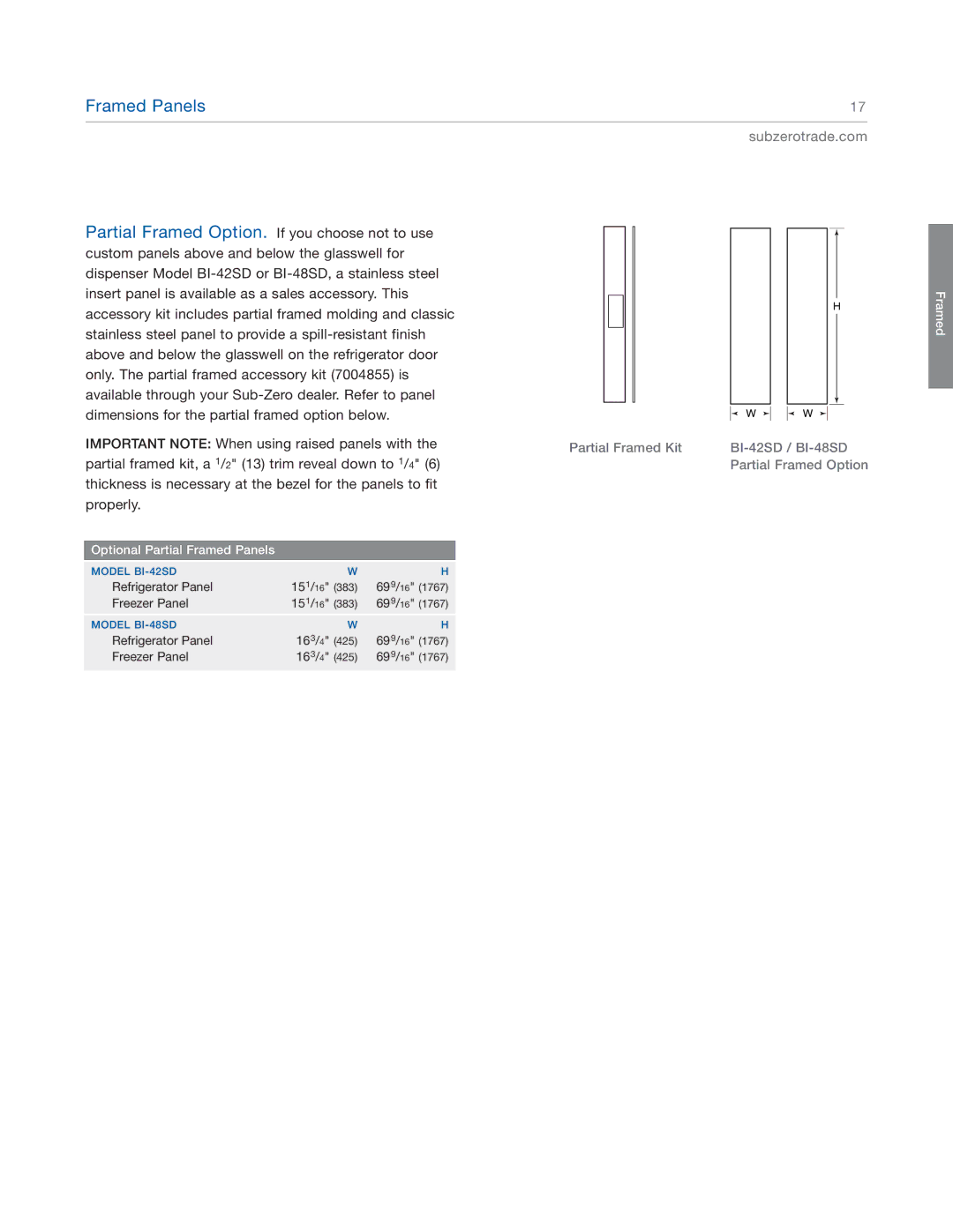 Sub-Zero BI-36S, BI-36F, BI-48SD, BI-42S, BI-36UG, BI-36RG manual Optional Partial Framed Panels 