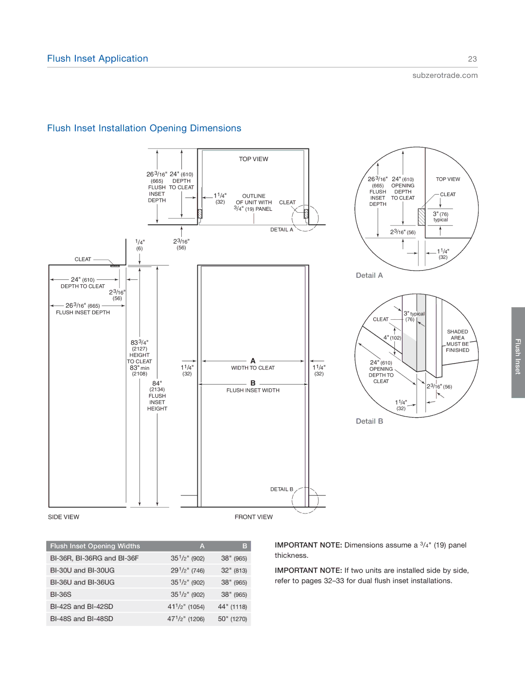 Sub-Zero BI-42S, BI-36R, BI-36U, BI-36F, BI-48S manual Flush Inset Installation Opening Dimensions, Flush Inset Opening Widths 