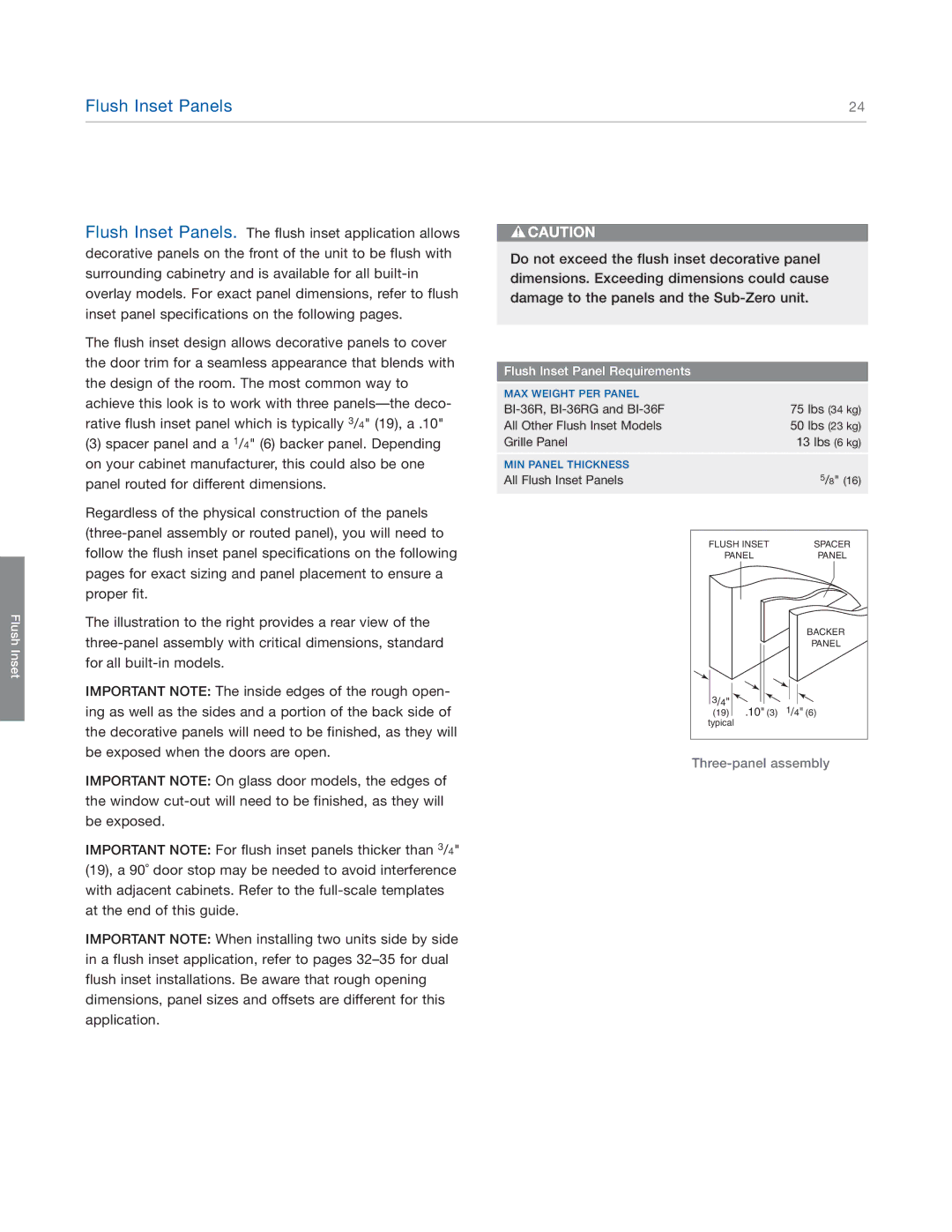 Sub-Zero BI-36UG, BI-36F, BI-48SD, BI-42S, BI-36RG, BI-36S manual Flush Inset Panels, Flush Inset Panel Requirements 