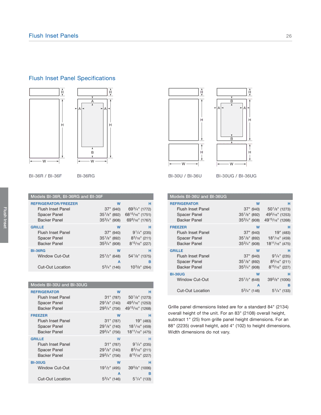 Sub-Zero BI-36S, BI-36U, BI-48S manual Flush Inset Panels Flush Inset Panel Specifications, Models BI-36R, BI-36RG and BI-36F 