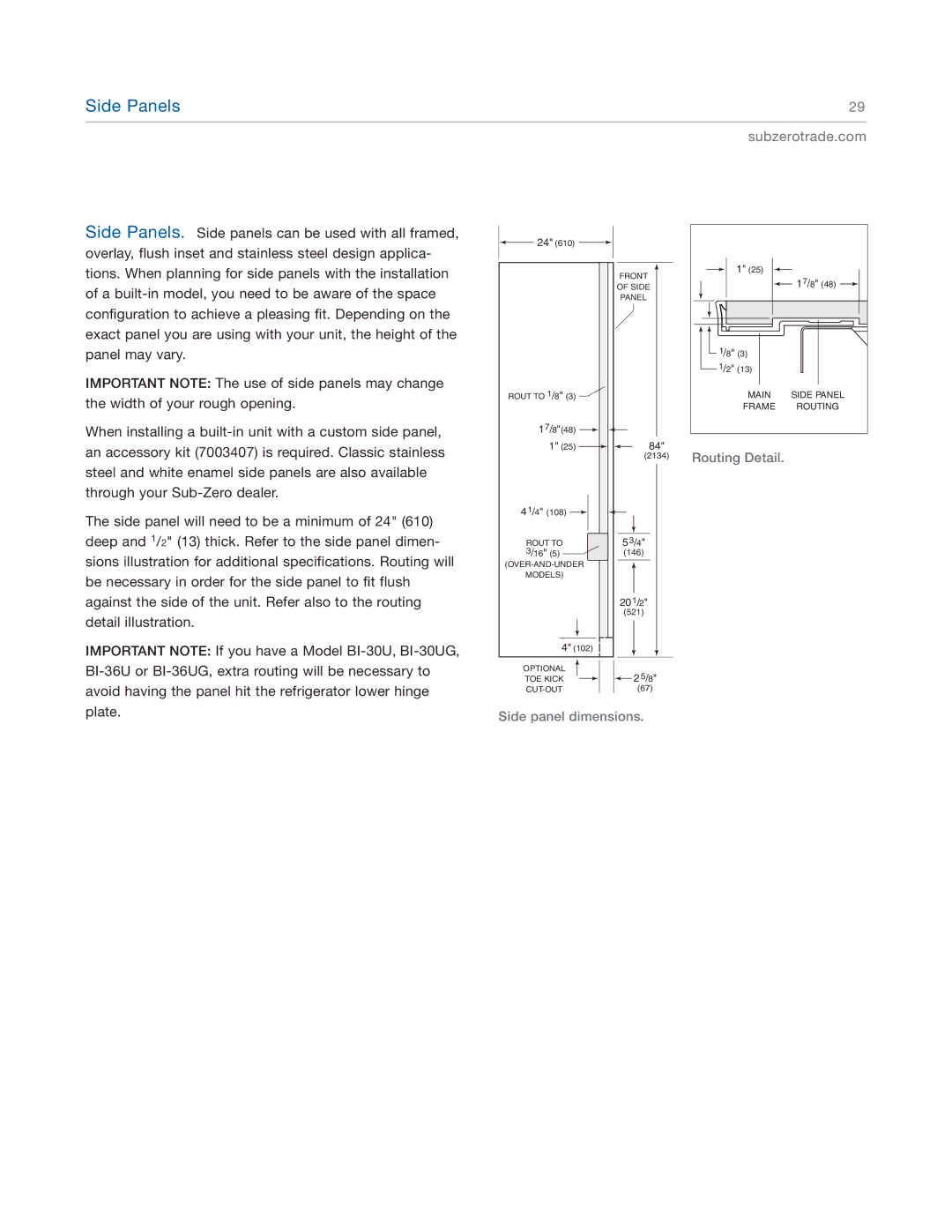 Sub-Zero BI-36F, BI-48SD, BI-42S, BI-36UG, BI-36RG, BI-36S manual Routing Detail Side panel dimensions 