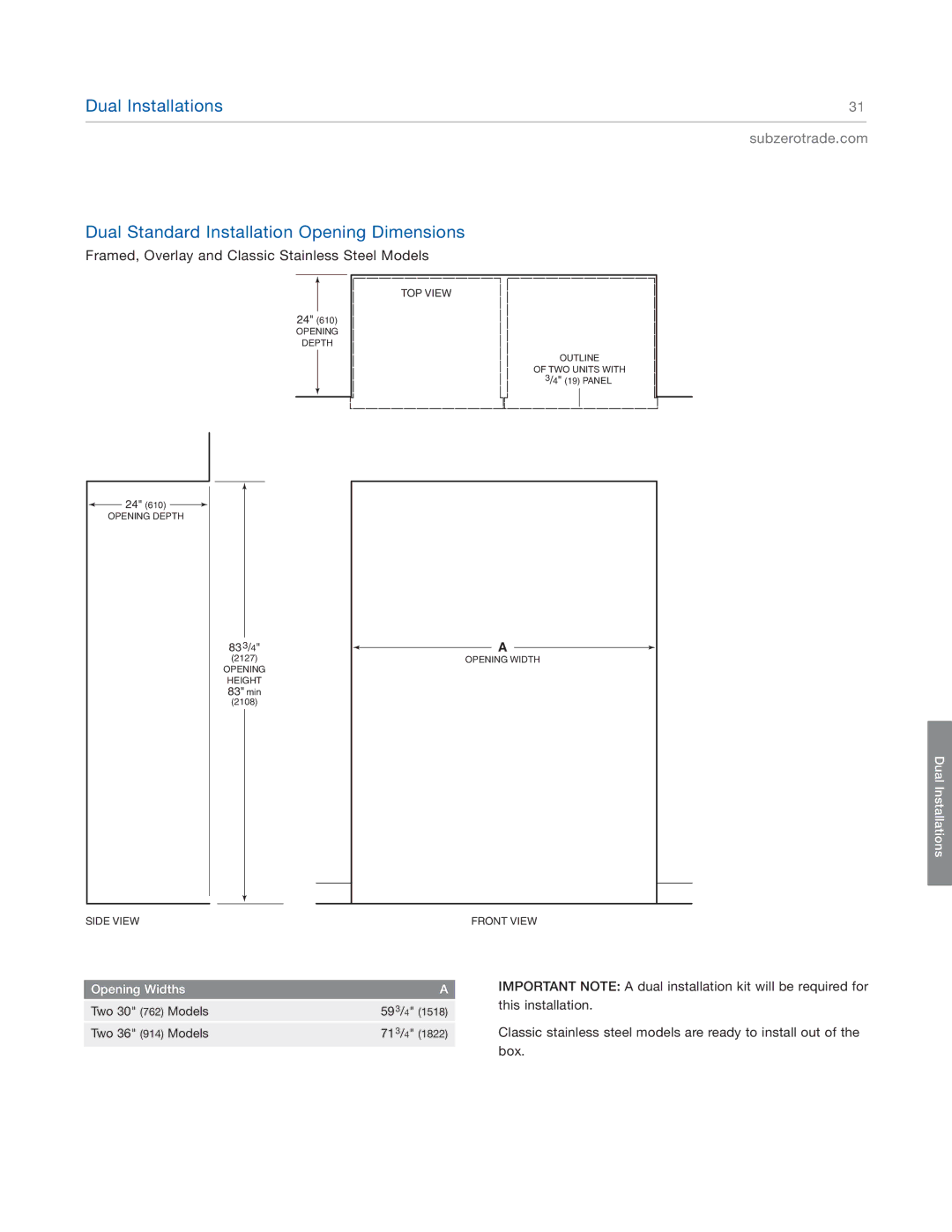 Sub-Zero BI-48SD, BI-36F, BI-42S, BI-36UG, BI-36RG, BI-36S Dual Standard Installation Opening Dimensions, Opening Widths 