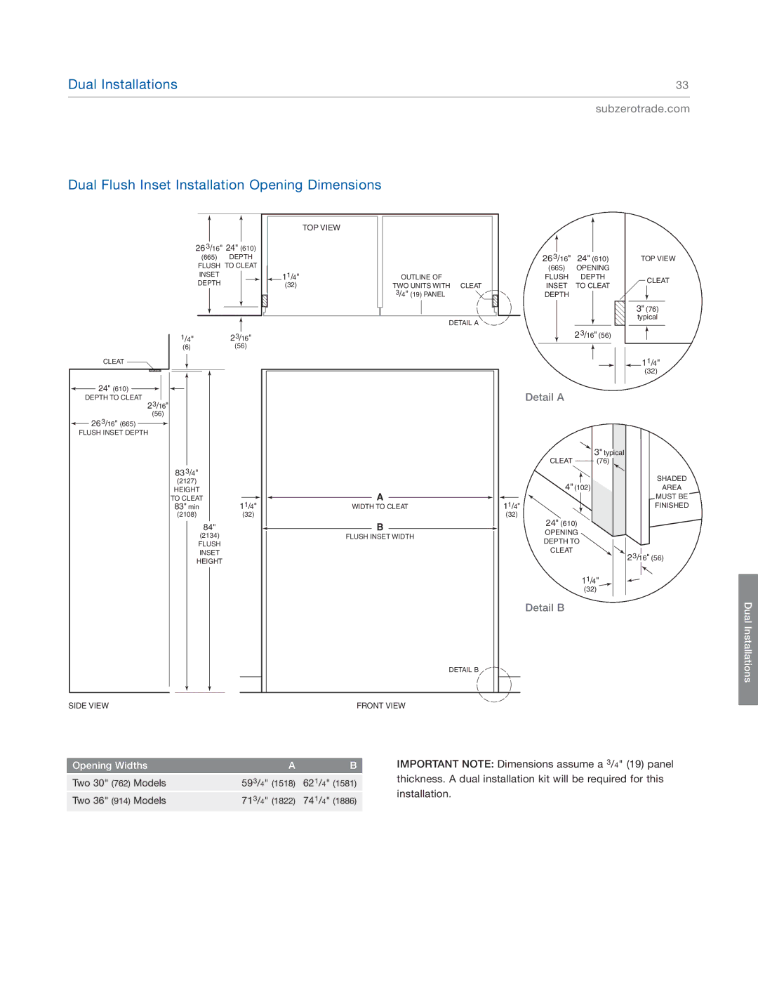 Sub-Zero BI-36UG, BI-36F, BI-48SD, BI-42S, BI-36RG, BI-36S Dual Flush Inset Installation Opening Dimensions, 26 3/16 