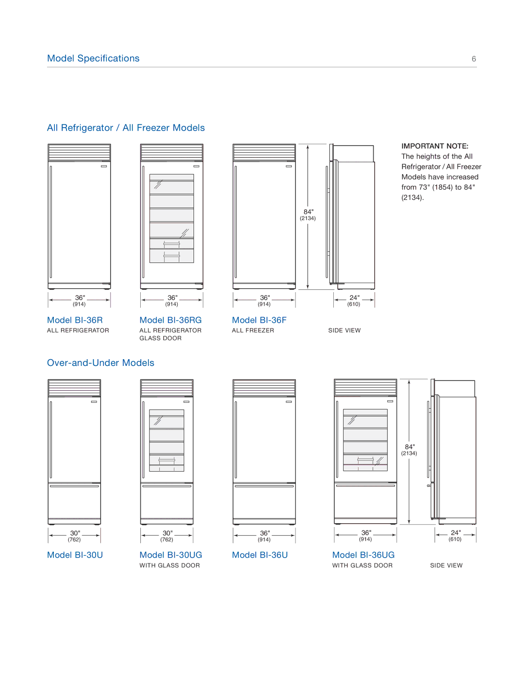 Sub-Zero BI-36UG, BI-36R, BI-36F, BI-48S Model Specifications All Refrigerator / All Freezer Models, Over-and-Under Models 