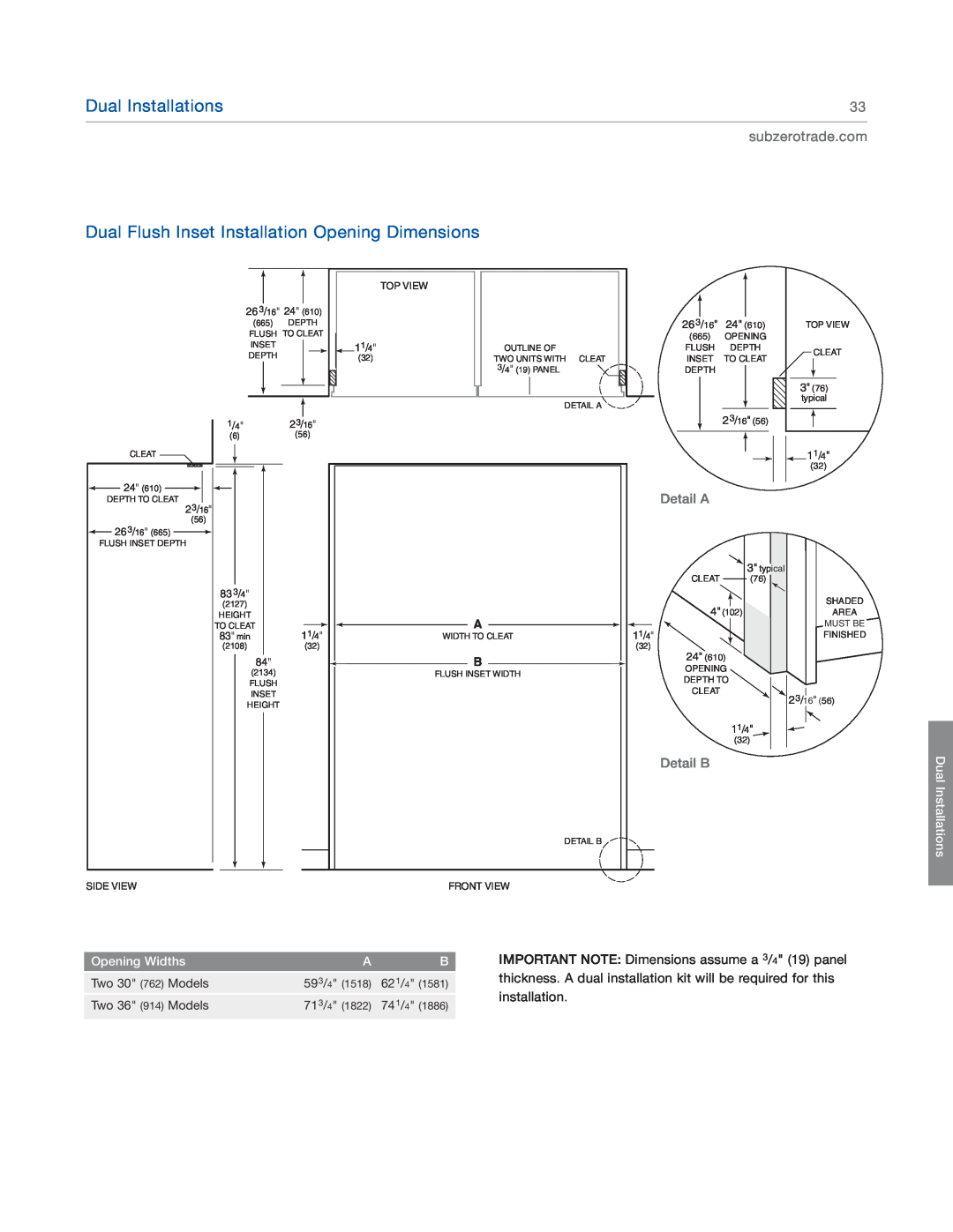 Sub-Zero BI-36UG Dual Flush Inset Installation Opening Dimensions, Dual Installations, subzerotrade.com, Detail A, 23/16 