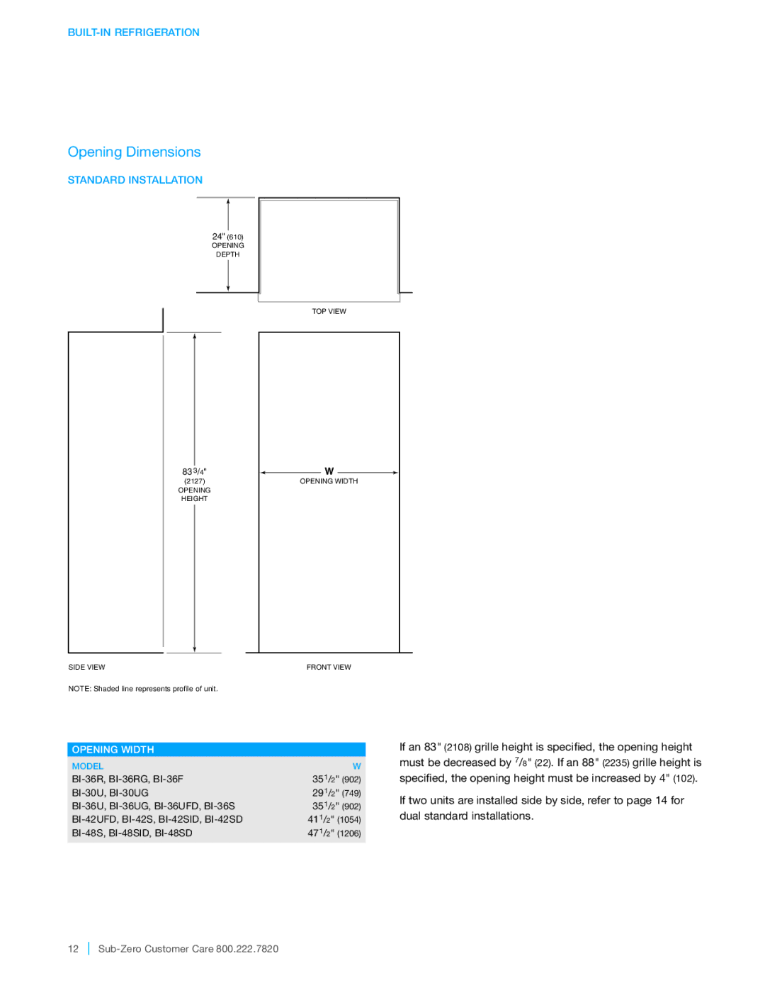 Sub-Zero BI-30UG, BI-36R, BI-36U, BI-36F, BI-48SD, BI-42UFD, BI-42S Opening Dimensions, Standard Installation, Opening Width 