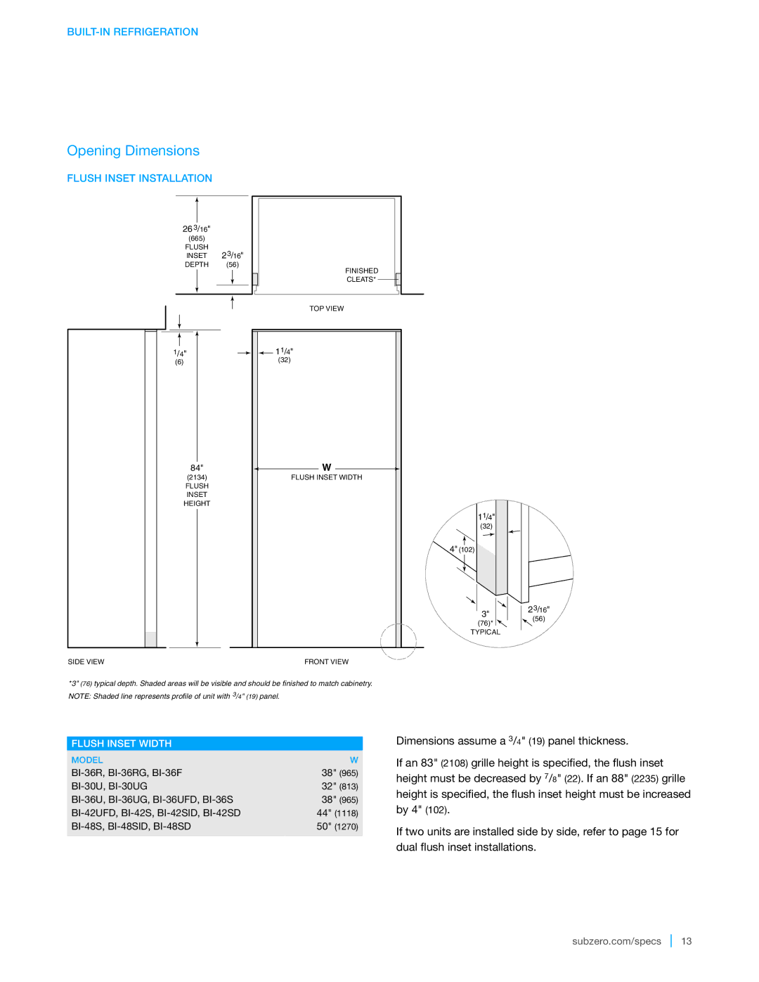 Sub-Zero BI-30U, BI-36R, BI-36F, BI-48SD, BI-42UFD, BI-42S, BI-36UFD, BI-36UG Flush Inset Installation, Flush Inset Width 