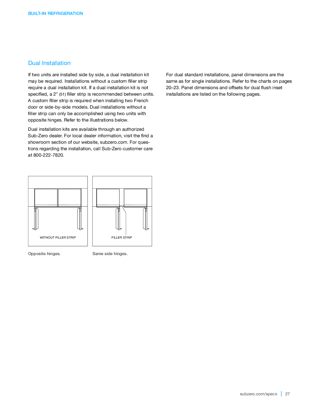 Sub-Zero BI-36F, BI-48SD, BI-42UFD, BI-36UFD, BI-36UG, BI-42SD, BI-36RG, BI-36S, BI-30UG manual Dual Installation 