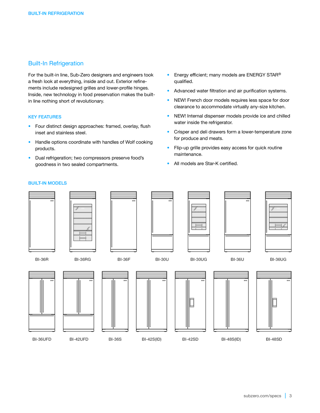 Sub-Zero BI-48S, BI-36R, BI-36U, BI-36F, BI-42S Built-In Refrigeration, BUILT-IN Refrigeration, KEY Features, BUILT-IN Models 