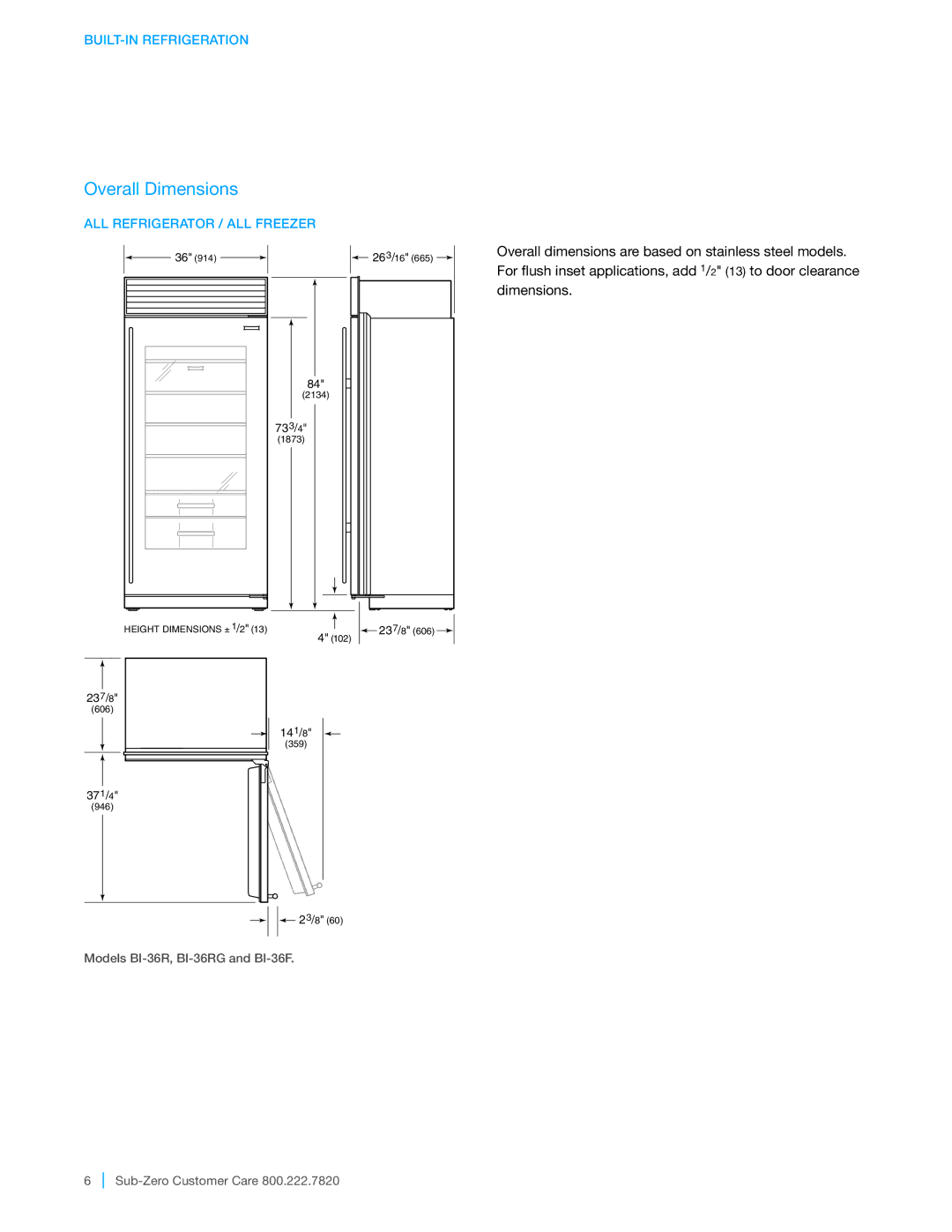 Sub-Zero BI-42S, BI-36R, BI-36F, BI-48SD, BI-42UFD, BI-36UFD, BI-36UG Overall Dimensions, ALL Refrigerator / ALL Freezer 